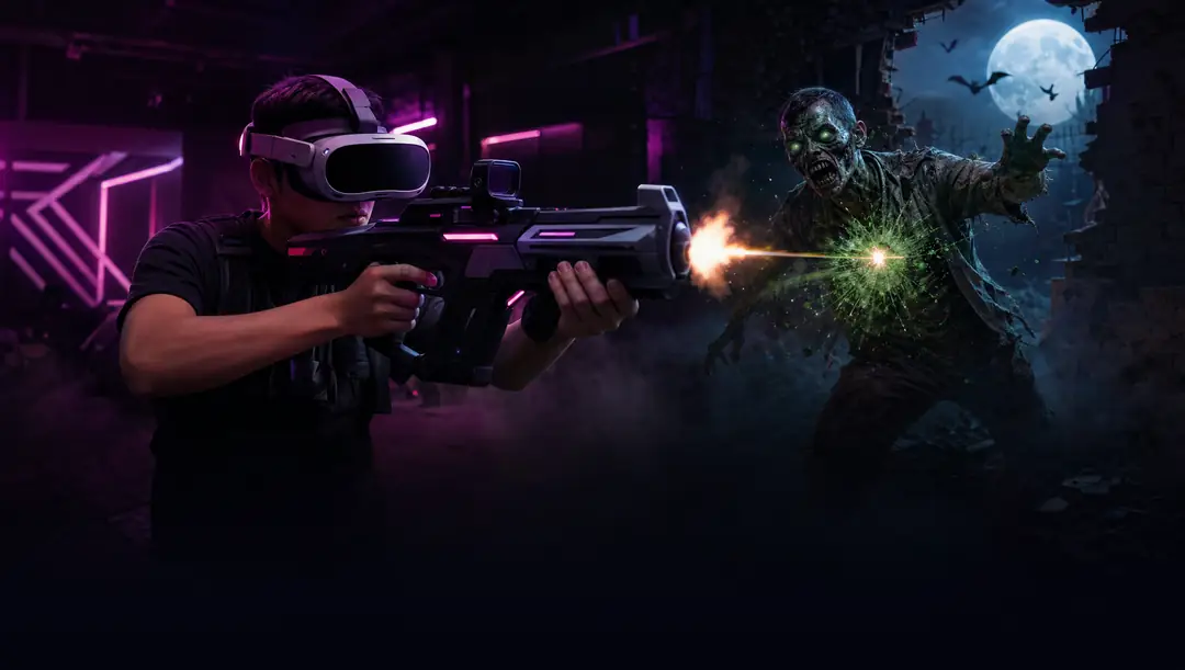 Giocatore con visore VR e fucile che spara a uno zombie
